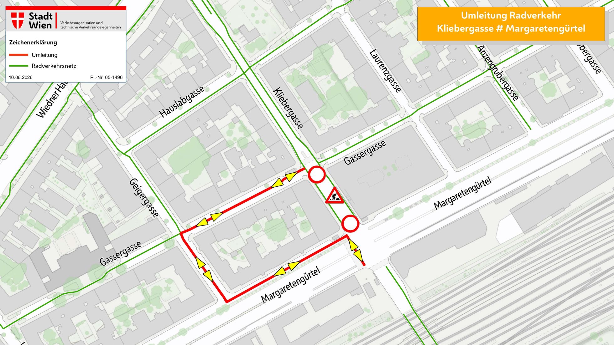 copyright: MA 46/Kartengrundlage Mehrzweckkarte MA 41 Stadtplanausschnitt mit eingezeichneter Radwegsperre und Umleitung.