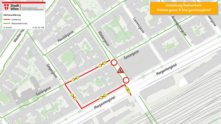 copyright: MA 46/Kartengrundlage Mehrzweckkarte MA 41 Stadtplanausschnitt mit eingezeichneter Radwegsperre und Umleitung.