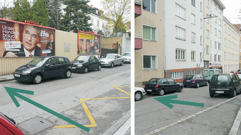 copyright: AUVA Bereich Greinergasse: schmale, wegen parkender Autos schwer einsehbare Straße, ins Foto eingebrachte Pfeile für die Bereiche, an denen ein Überqueren der Straße günstig ist