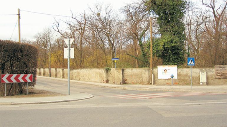 Kreuzungsbereich Erlaaer Straße - Kugelmanngasse: Kreuzung mit rot unterlegtem Zebrastreifen