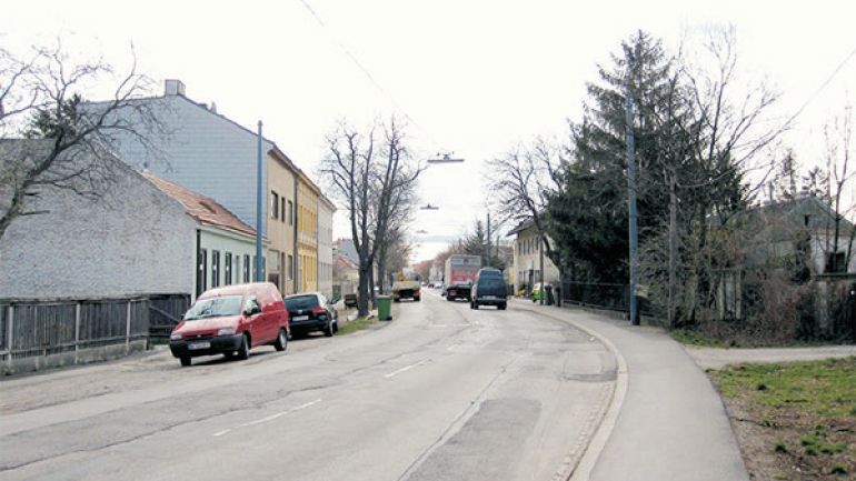 Bereich Erlaaer Straße 64/105: zweispurige Fahrbahn und schmaler Gehsteig, Hausein- und -ausfahrten
