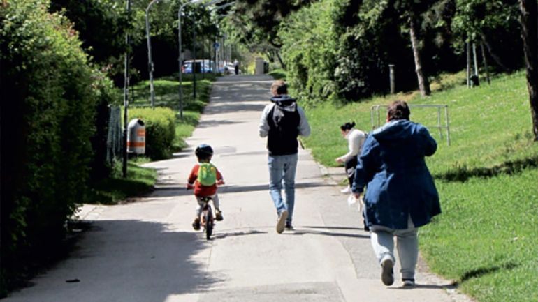 Mehlführergasse - Bereich Schule: Gehweg durch eine Grünanlage