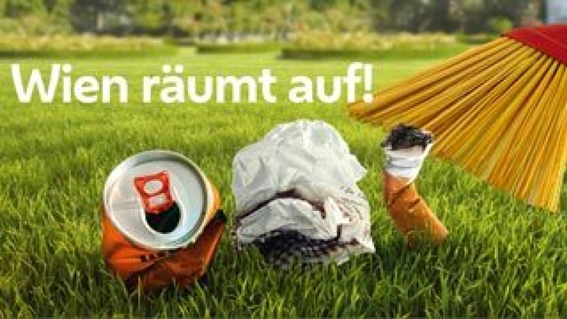 Besen und auf einer Wiese liegender Abfall