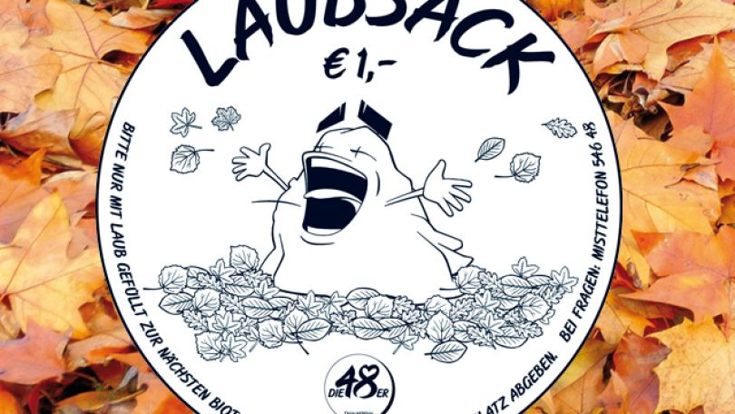 copyright: MA 48 Rundes Laubsack-Zeichen mit Mistmonster, im Hintergrund ein mit Laub bedeckter Boden