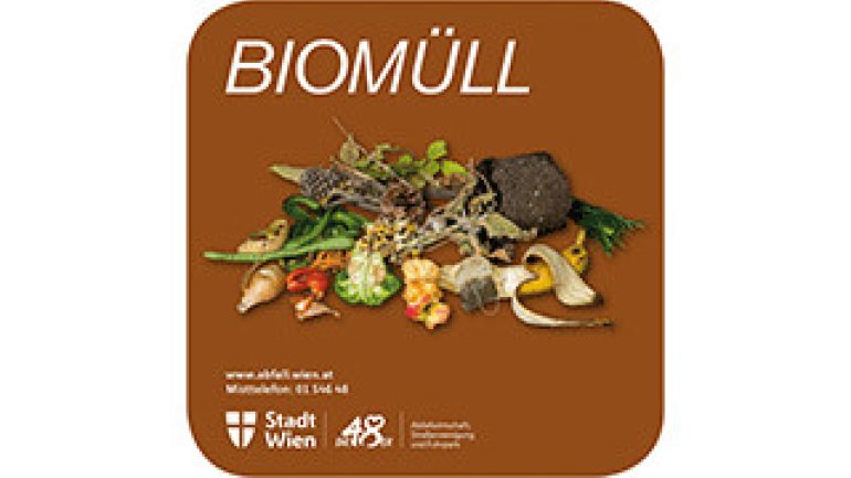 copyright: MA 48 Zeichen für die Biotonne: brauner Kreis mit Aufschrift, Hinweis zum Misttelefon und Mistmonster