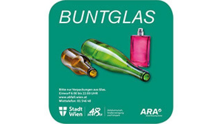 copyright: MA 48/UNIQUE Zeichen für Buntglas: grüner Kreis mit Aufschrift, Abfallpiktogramm, Hinweis zum Misttelefon, Icon der MA 48, und Mistmonster