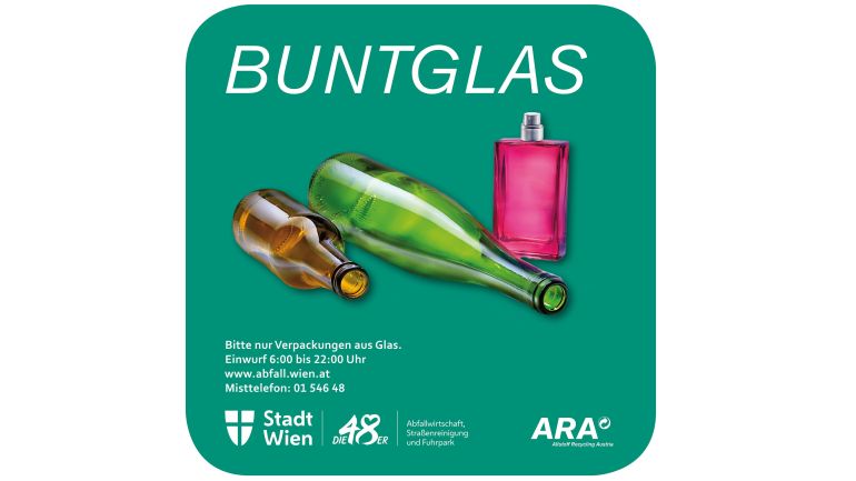 Zeichen für Buntglas: grüner Kreis mit Aufschrift, Abfallpiktogramm, Hinweis zum Misttelefon, Icon der MA 48, und Mistmonster