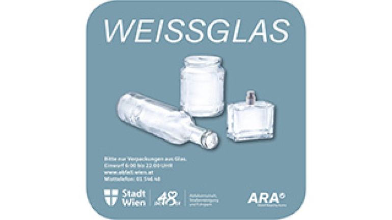 copyright: MA 48/UNIQUE Zeichen für Weißglas: grauer Kreis mit Aufschrift, Abfallpiktogramm, Hinweis zum Misttelefon, Icon der MA 48 und Mistmonster