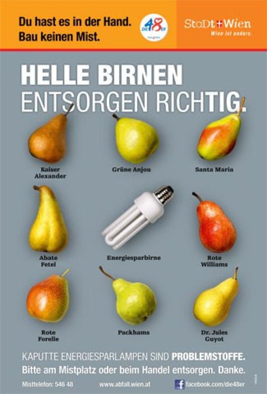 Plakatsujet zur Kampagne "Helle Birnen entsorgen richtig"