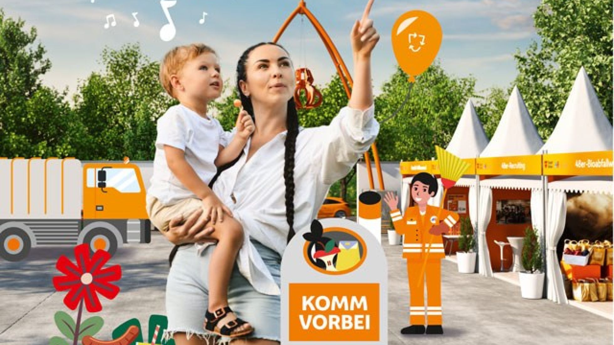 Frau mit Kind auf einem Festgelände, Musiknoten in der Luft, Müllwagen und Schild "KOMM VORBEI" im Hintergrund