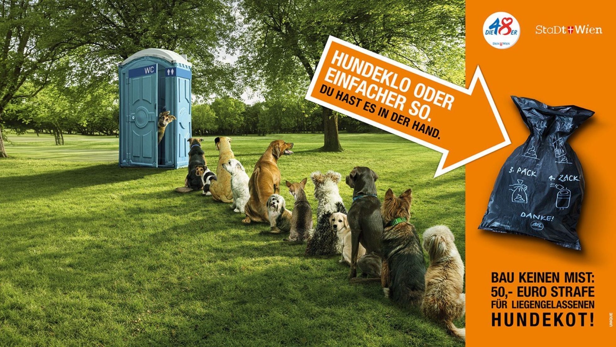 copyright: MA 48/UNIQUE Hunde stehen vor einer Toilette an, daneben ein Hinweis auf die Hundekotsackerln