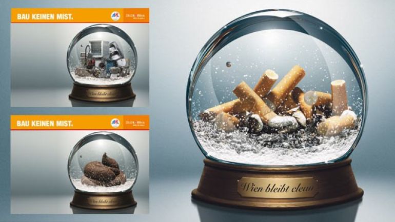 copyright: MA 48/UNIQUE Abbildung von drei Schneekugeln mit den Inhalten Sperrmüll, Hundekot und Zigarettenstummeln