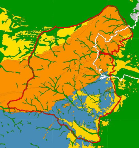 Das Bild zeigt in verschiedenen Farben die unterschiedlichen geologischen Zonen im Wienerwald.