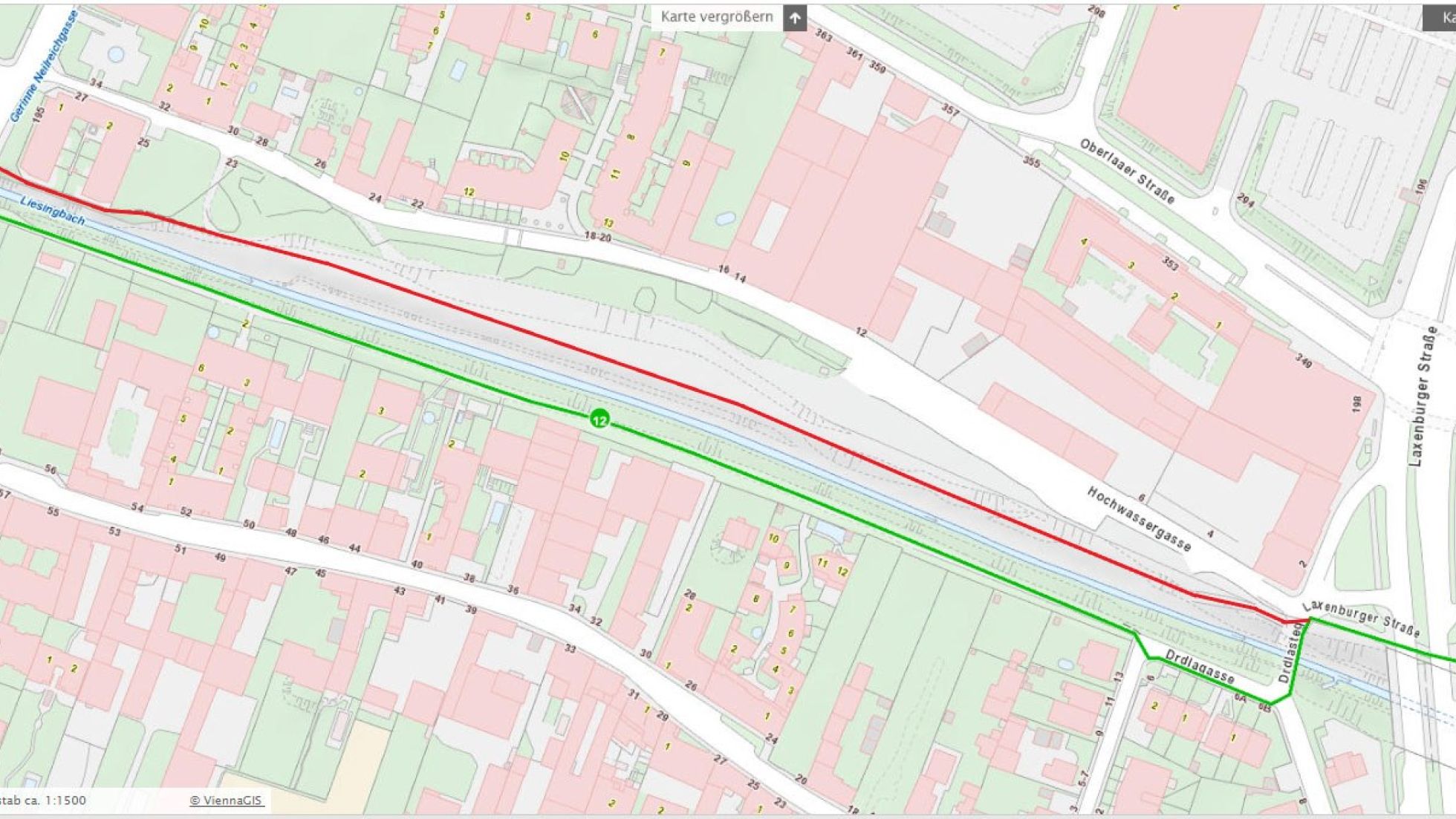 copyright: Stadt Wien Stadtplanausschnitt zeigt Weg mit roter Linie
