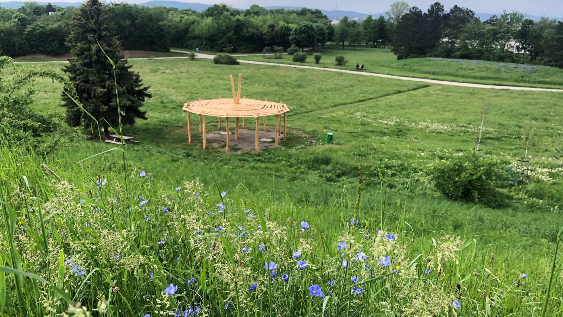 Blick über Wiese mit Holz-Pavillon