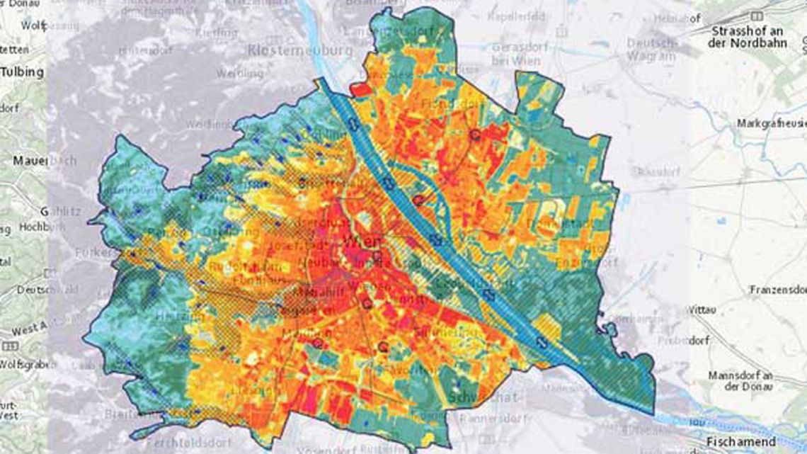 Karte mit farblicher Markierung des Stadtklimas