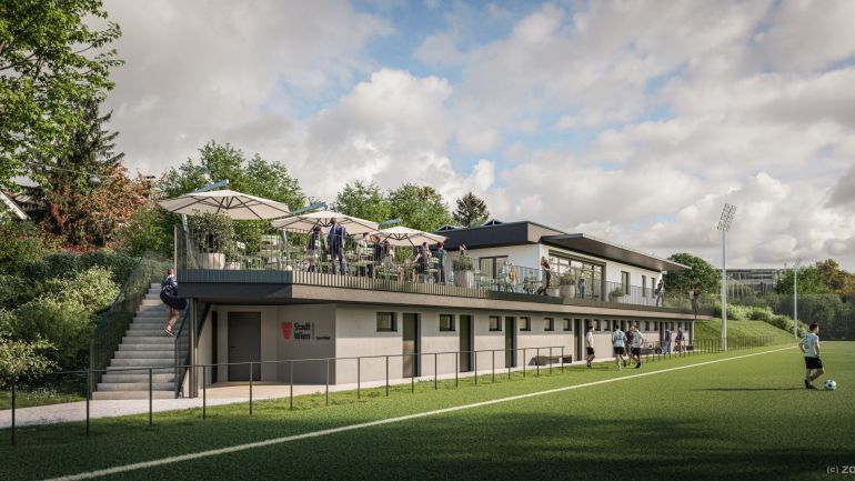Visualisierung eines Sportplatzes mit neuem Funktionsgebäude inklusive Terrasse