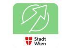 Weißer Pfeil auf grünem Hintergrund und "Stadt Wien"-Schriftzug