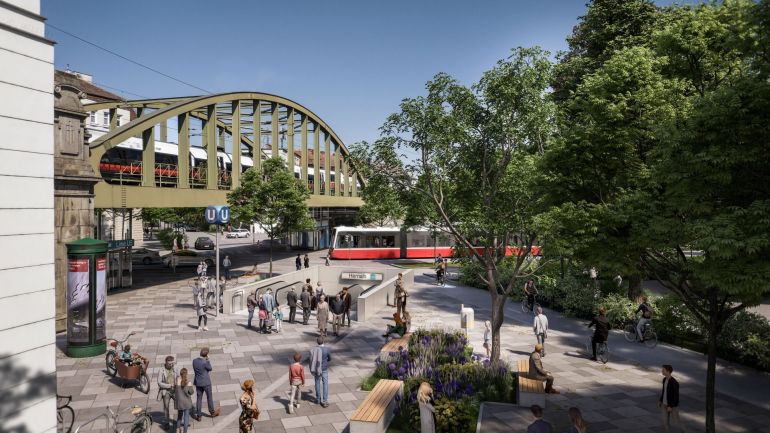 Visualisierung des neuen Platzes mit Begrünung und Sitzgelegenheiten