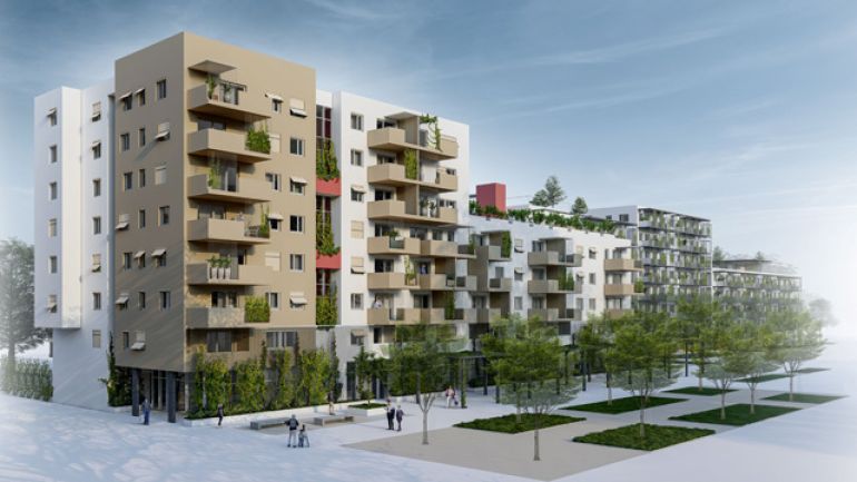 Visualisierung eines großen mehrstöckigen Wohnhauses mit Balkonen und Loggien. Ein Teil des Dachs sowie die Fassade im Erdgeschoß sind begrünt.