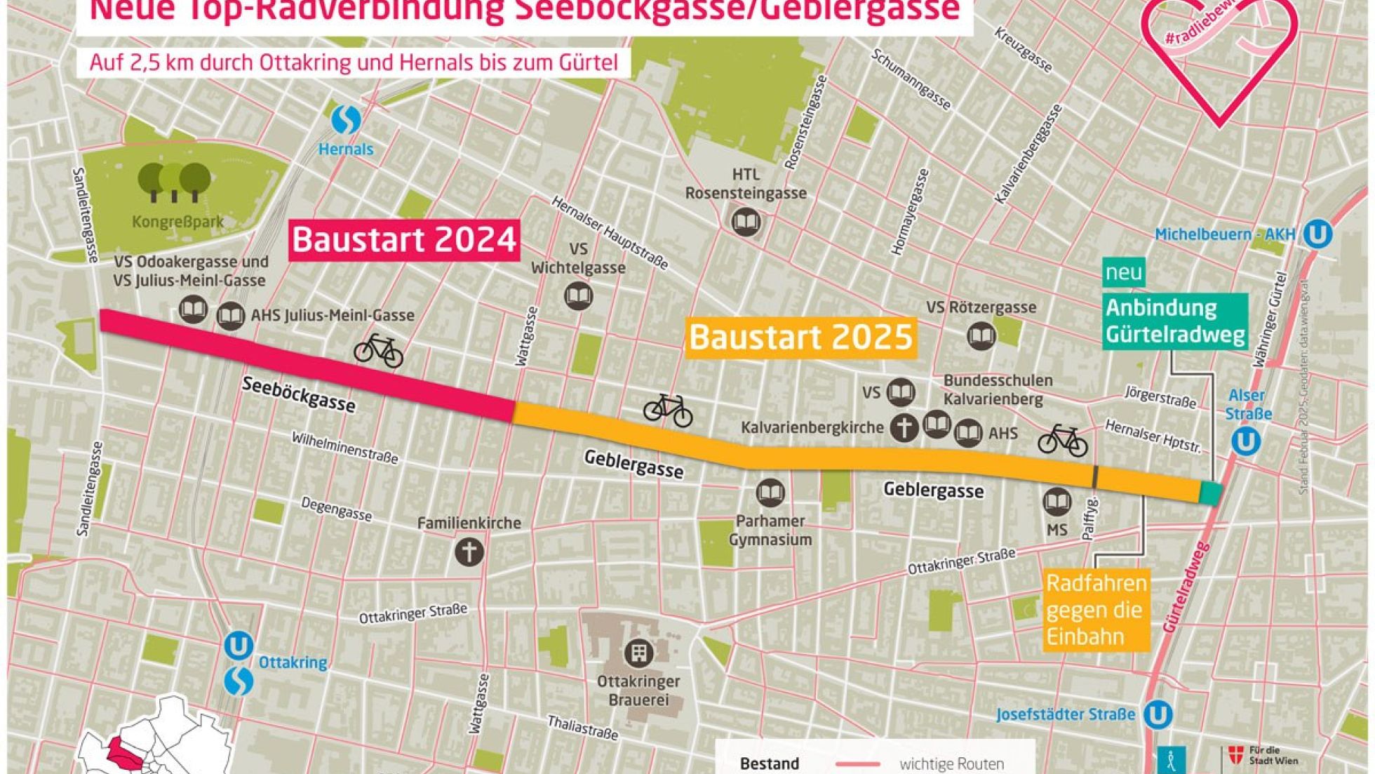 copyright: Mobilitätsagentur Straßenkarte, auf der die neue Radwegverbindung eingezeichnet ist, in Rot der Bauabschnitt 2024 und in Gelb der Bauabschnitt 2025, in Türkis die Verbindung zum Gürtelradweg