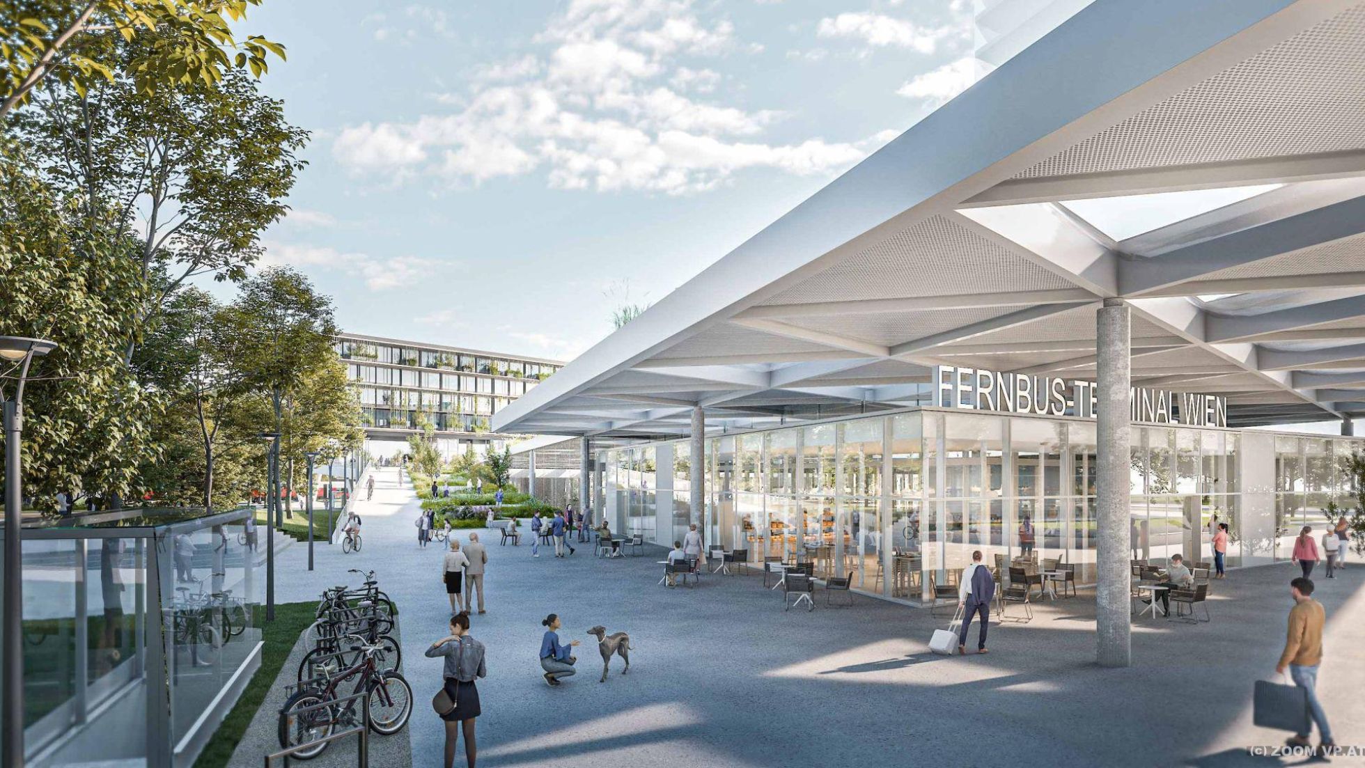 copyright: ZOOMVP, Burtscher Durig ZT GmbH Visualisierung zeigt Außenbereich mit Überdachung, Fahrradabstellplätzen und Bäumen.