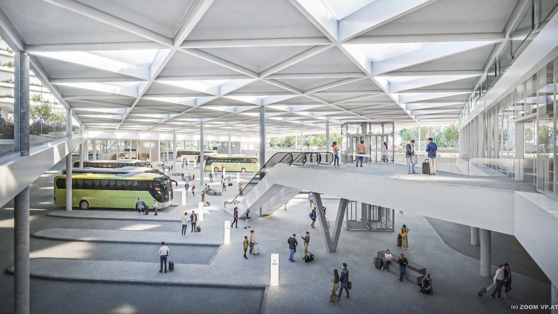 copyright: ZOOMVP, Burtscher Durig ZT GmbH Visualisierung zeigt überdachte Halle mit Bushaltestellen.