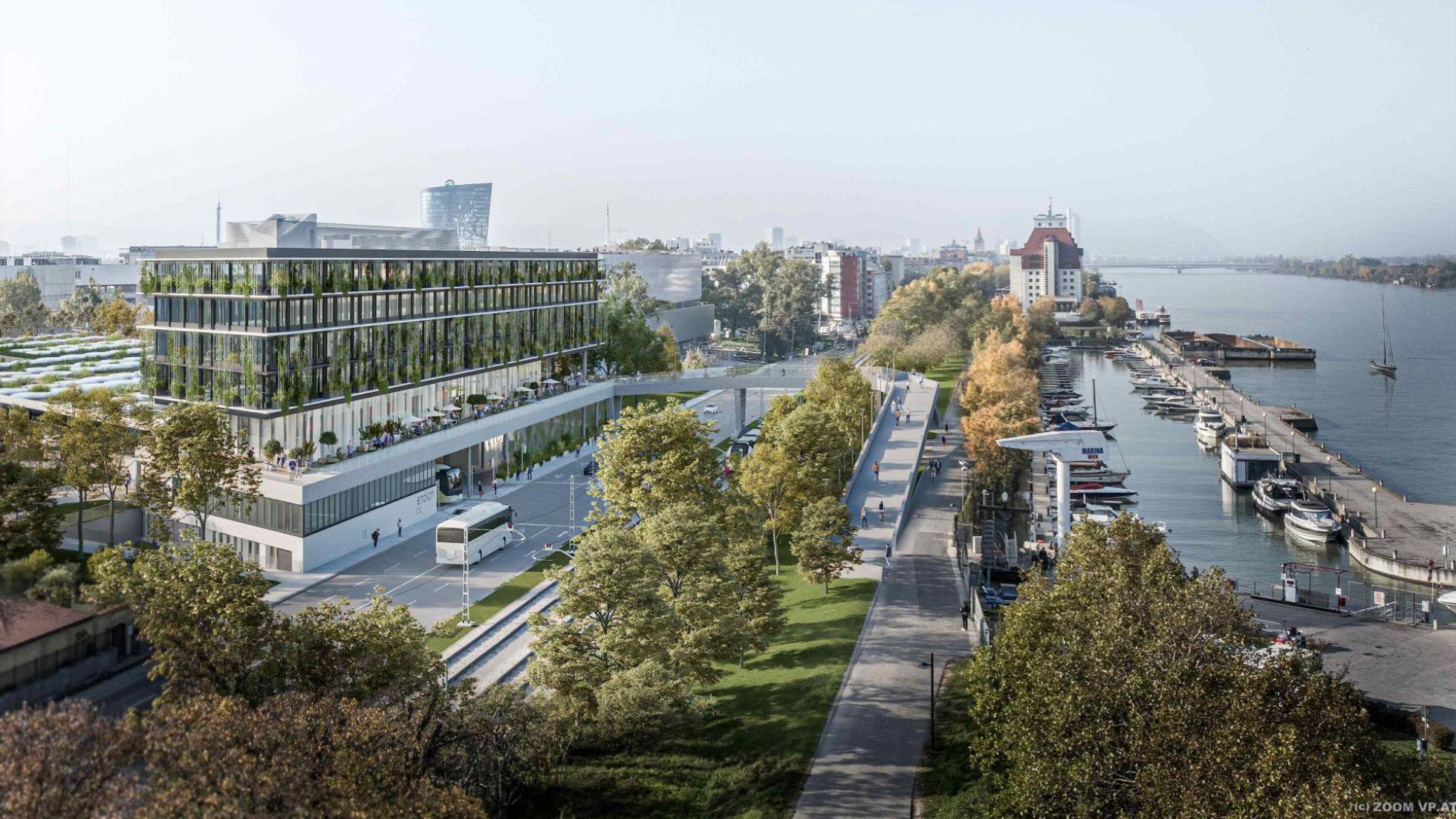 copyright: ZOOMVP, Burtscher Durig ZT GmbH Visualisierung zeigt modernen Fernbus-Terminal neben Donauufer inmitten von Bäumen