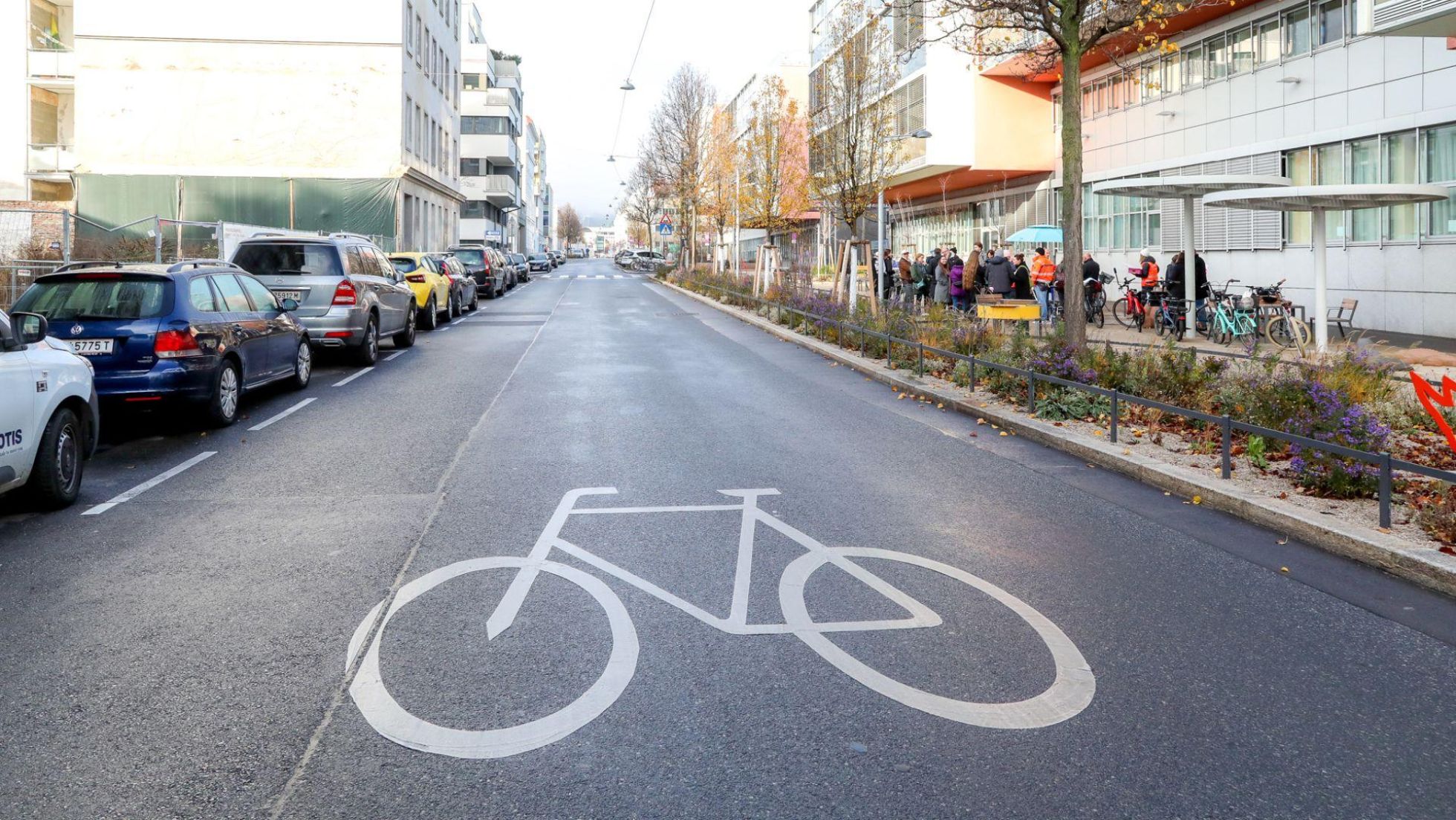 Straße mit großer Fahrrad-Symbol-Markierung.