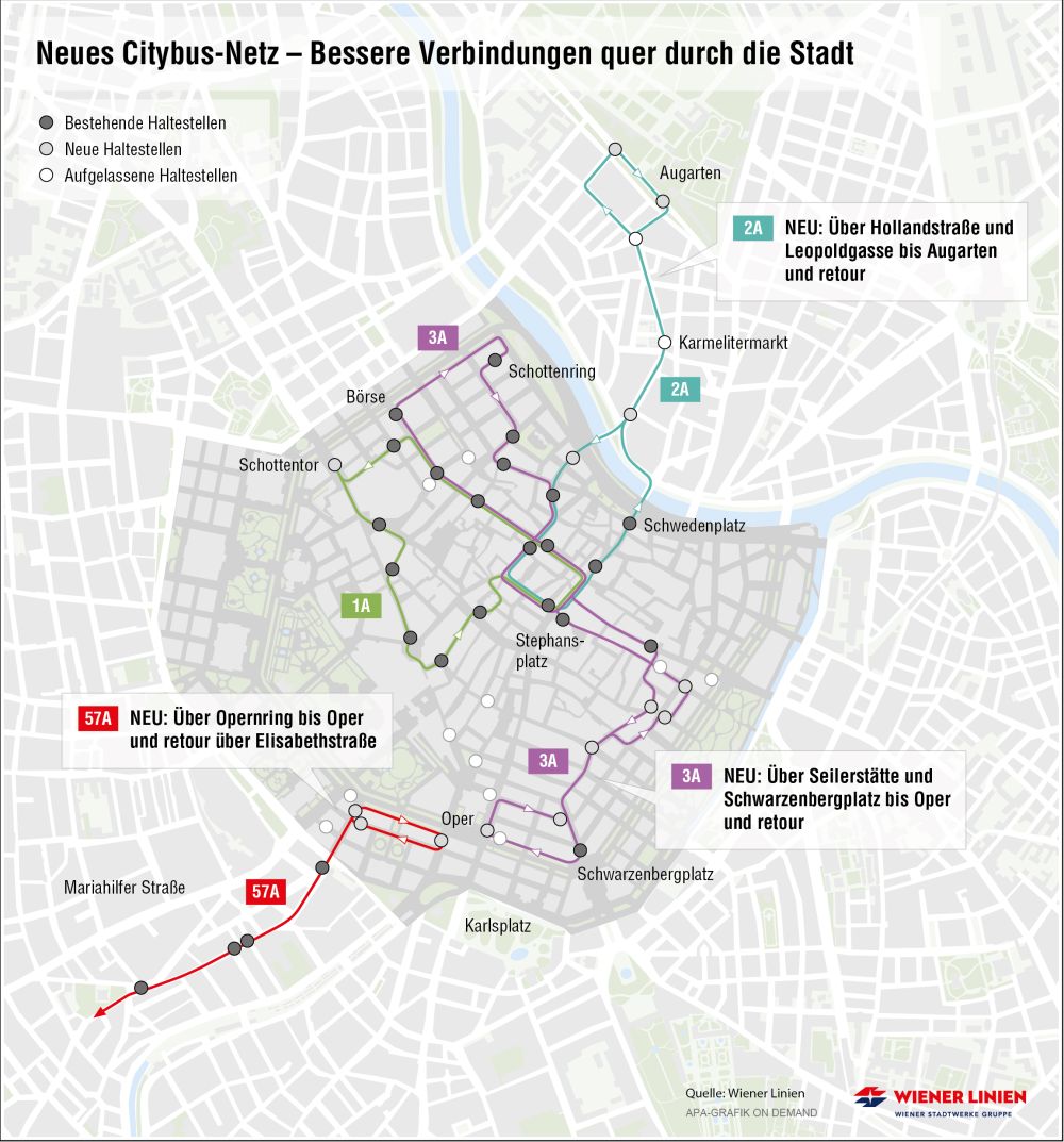 Grafik zeigt Routenführung der Citybus-Linien 1A, 2A, 3A, 57A