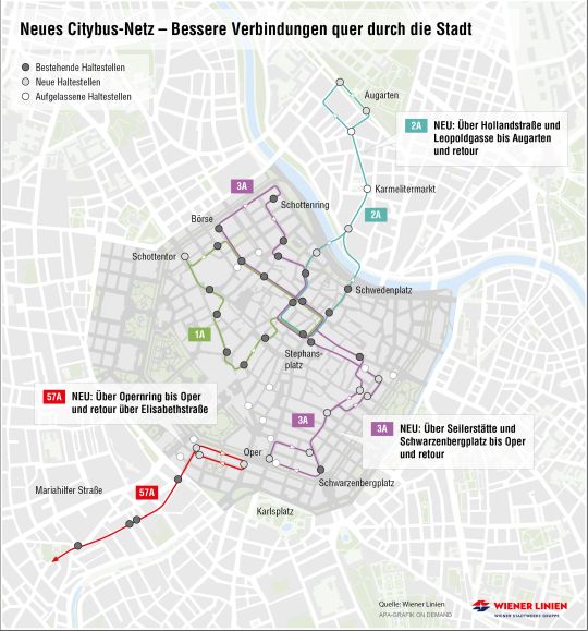 Grafik zeigt Routenführung der Citybus-Linien 1A, 2A, 3A, 57A