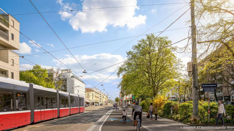 copyright: Mobilitätsagentur Wien / ZOOM.VP Visualisierung des Radwegs Brünner Straße, daneben Straßenbahngleise, Bäume und begrünte Zäune