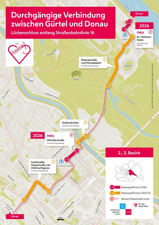 copyright: Mobilitätsagentur Wien Stadtplan-Ausschnitt mit eingezeichneten Radwegen entlang der Straßenbahnlinie 18
