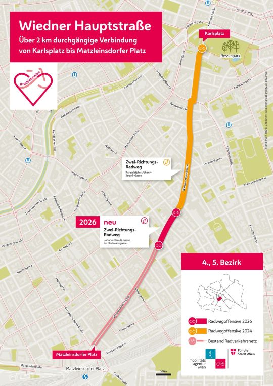 copyright: Mobilitätsagentur Wien Stadtplan-Ausschnitt mit den eingezeichneten Radwegen entlang der Wiedner Hauptstraße.