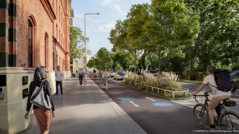 copyright: ZOOMVP.AT/Mobilitätsagentur Wien Visualisierung des neuen 2-Richtungsradwegs Obere Donaustraße, daneben Backsteingebäude und Bäume