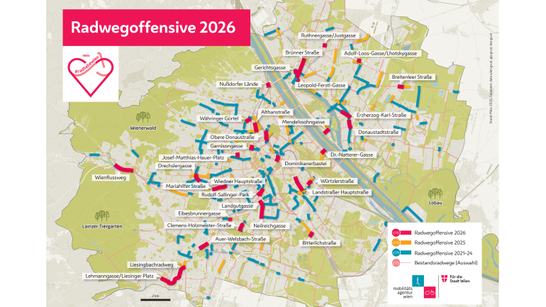 copyright: Mobilitätsagentur Wien Karte von Wien mit allen Radweg-Bauprojekten im Jahr 2026