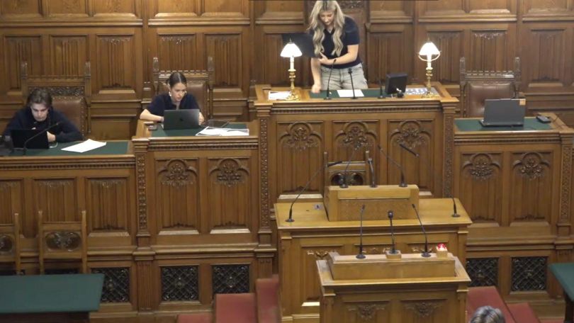 Holzvertäfelte Redepulte im Parlament mit 3 Schülerinnen und Schülern.