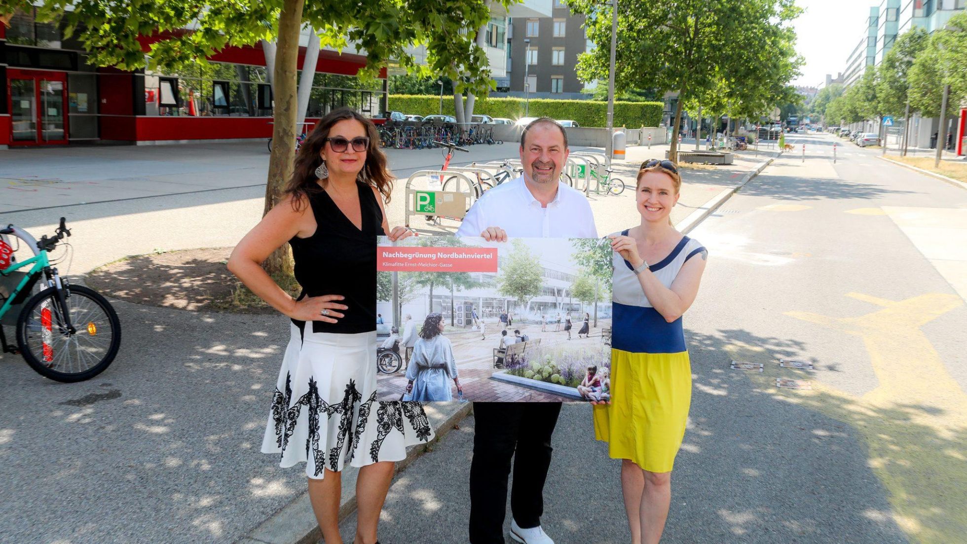 copyright: Stadt Wien/Christian Fürthner Stadträtin Ulli Sima, Bezirksvorsteher Alexander Nikolai und NEOS Wien Mobilitäts- und Umweltsprecherin Angelika Pipal-Leixner