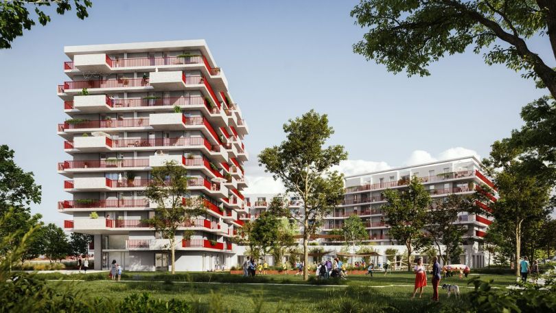 Visualisierung eines Gemeindebaus mit viel Grün im Umkreis