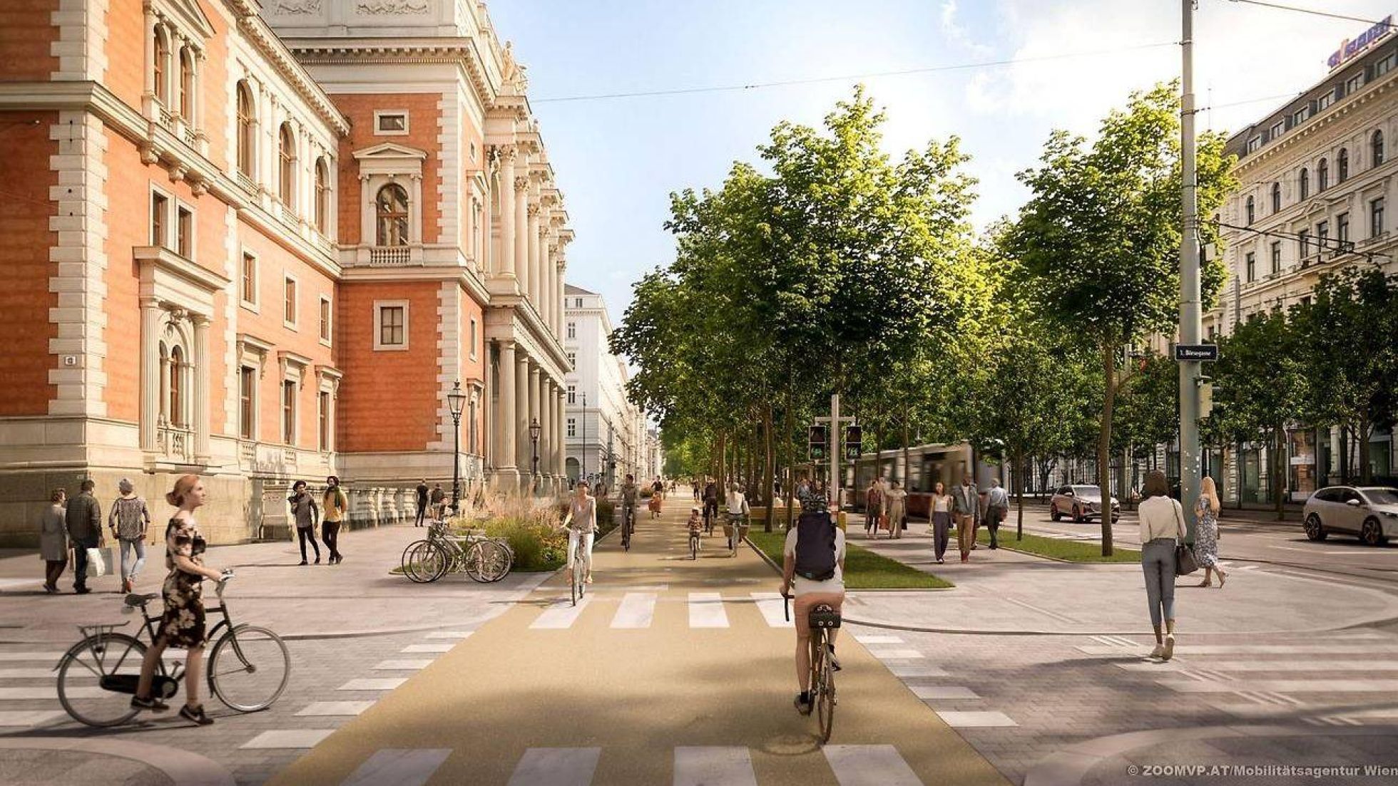 copyright: Mobilitätsagentur Wien / ZOOMVP.AT Visualisierung der großen Kreuzung mit neuem sandfarbenem Radwegbereich am Wiener Ring.