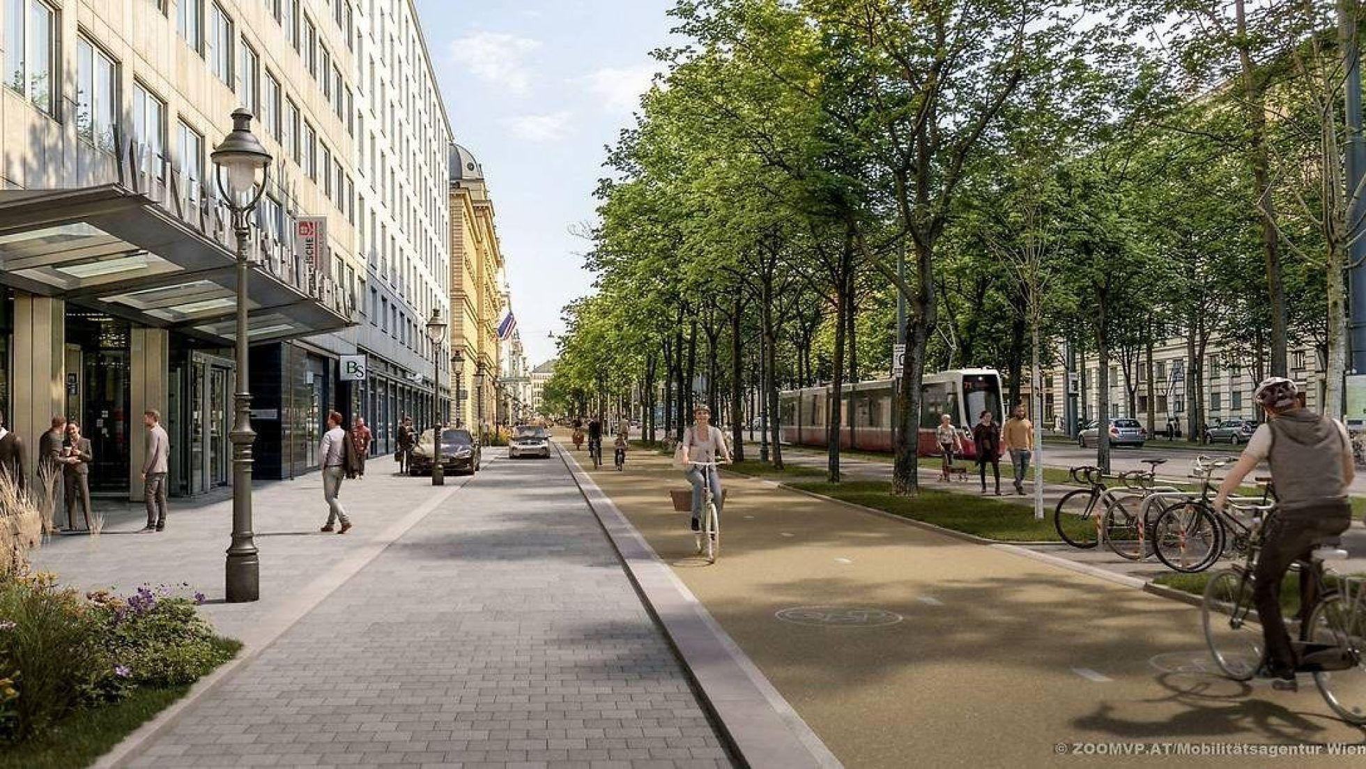 copyright: Mobilitätsagentur Wien / ZOOMVP.AT Visualisierung des neuen sandfarbenen Radwegs am Ring