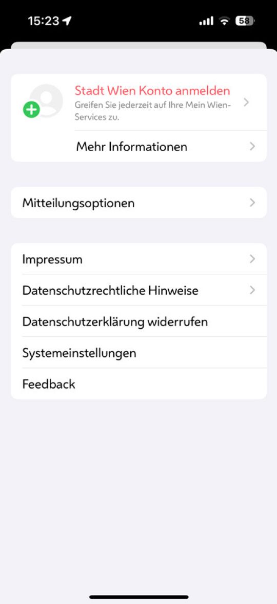 Screenshot der Stadt Wien-App mit den Einstellungen für das Benutzerprofil