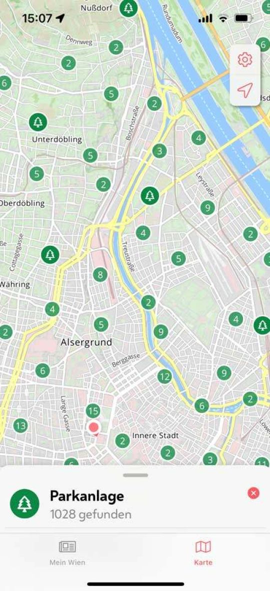 Screenshot der Stadt Wien-App mit Stadtplan