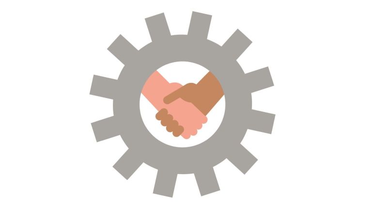 Zahnrad und in der Mitte zwei Hände, die sich schütteln.