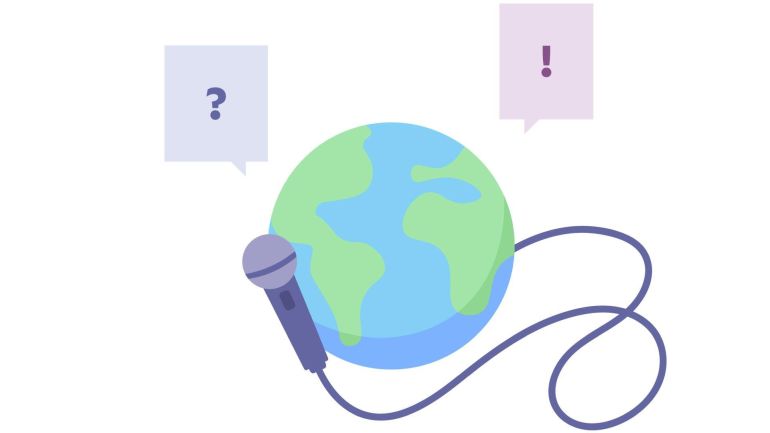 Illustration einer Weltkugel mit Mikrofon