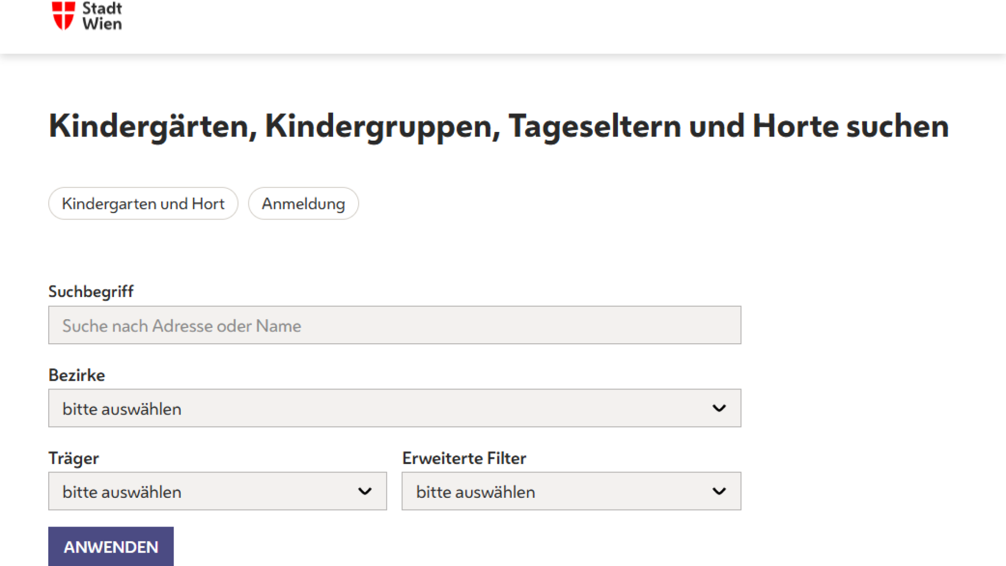 copyright: Stadt Wien Screenshot Kindergartensuche
