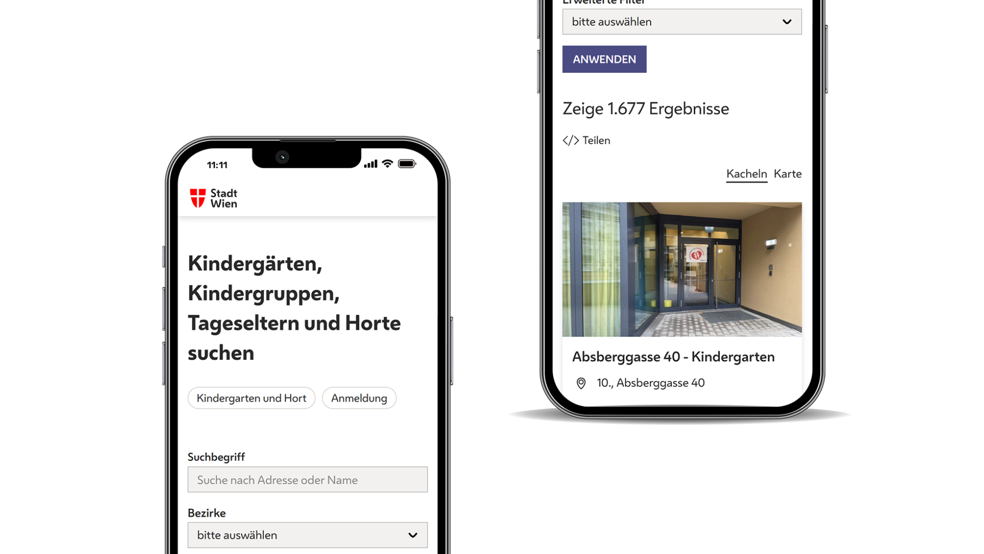 copyright: Stadt Wien Screenshot Kindergartensuche mobile Ansicht