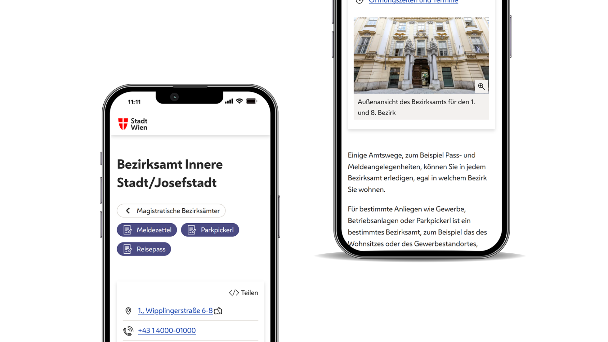 Screenshot Seite Bezirksämter mobile Ansicht