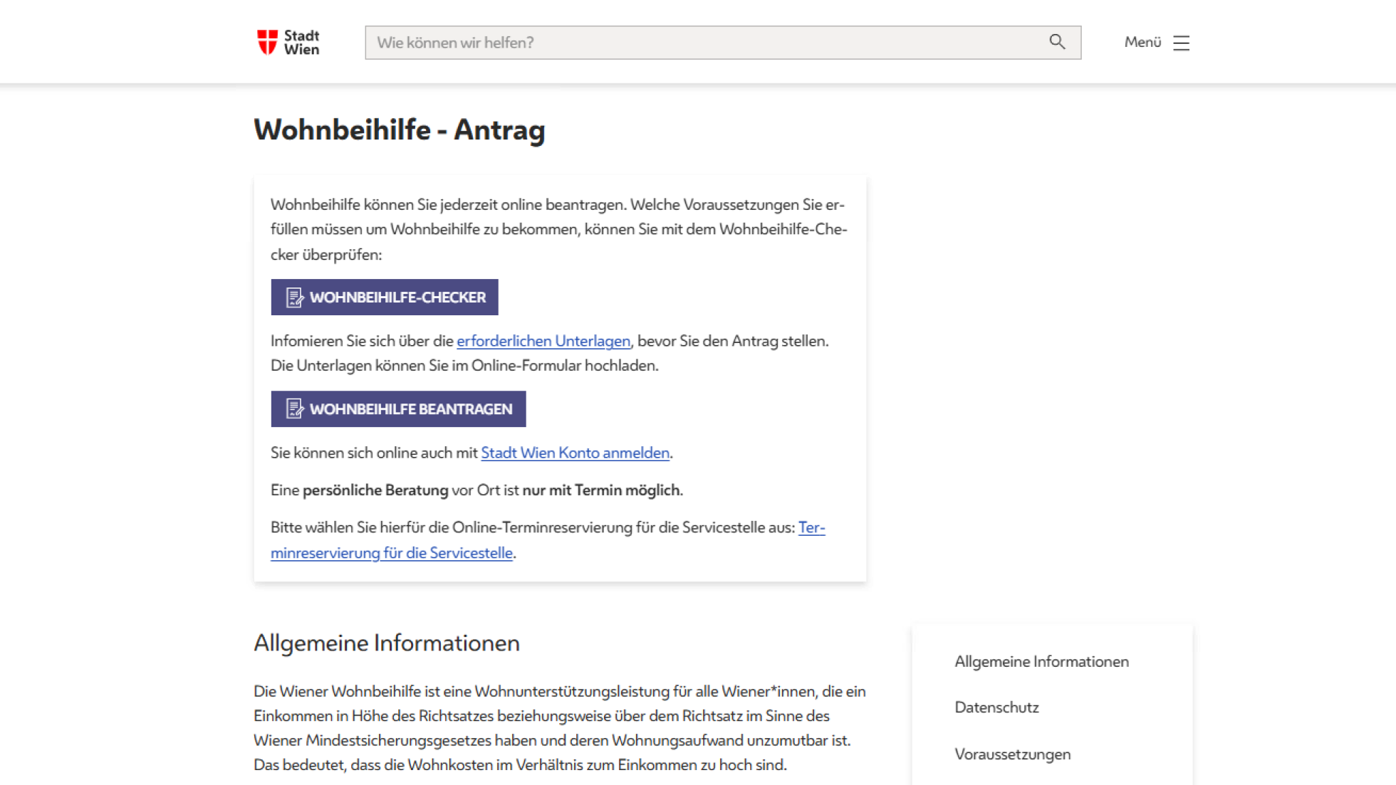 Screenshot Amtswegeseite Wohnbeihilfe