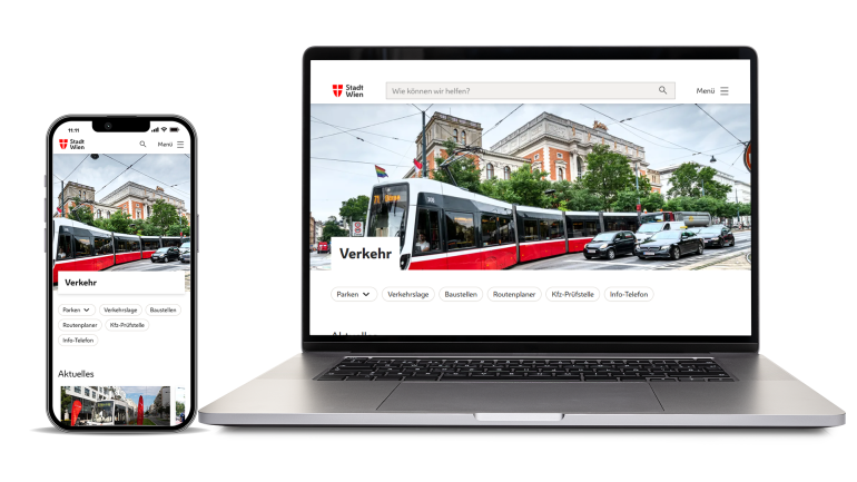 copyright: Stadt Wien Collage Seite Verkehr in mobiler Ansicht und auf Desktop